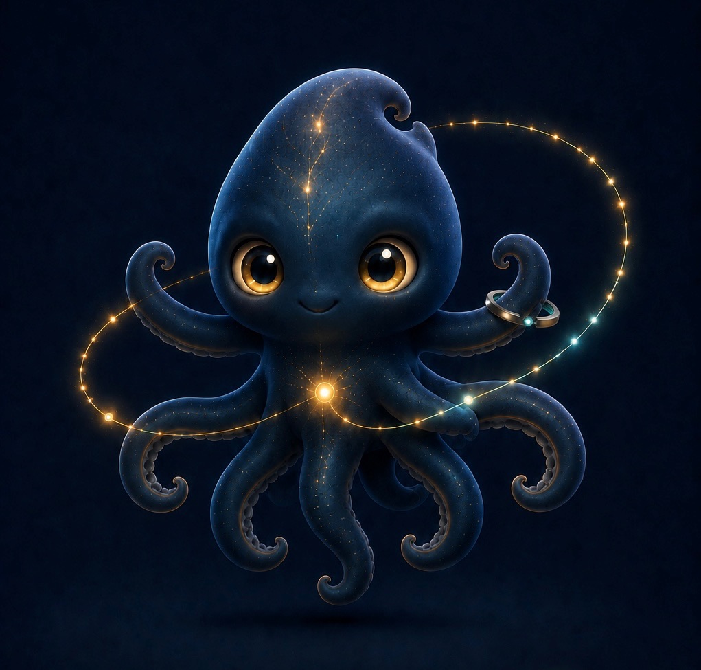 Octomio, a luminous deep-blue octopus companion encircled by a golden orbital light path